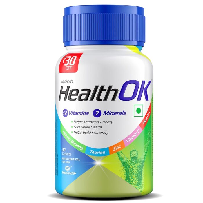 Mankind's Health OK Multivitamin With Natural Ginseng, Taurine Power, Daily Energy, Alertness, Vitamin D, C & Other 18 Multivitamins Minerals, For Overall Health, 30 Tablets (Veg) X Pack Of 1