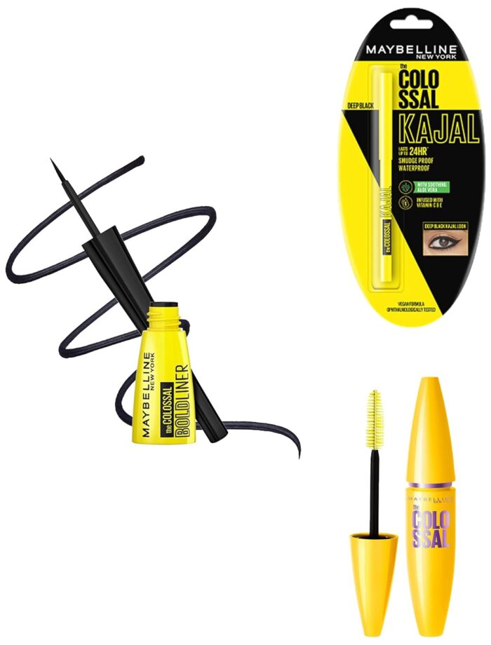 Maybelline New York Colossal Kajal, Eyeliner, and Mascara Set - Black (0.35g, 3g, 10.7ml) - Washable, Glam Black