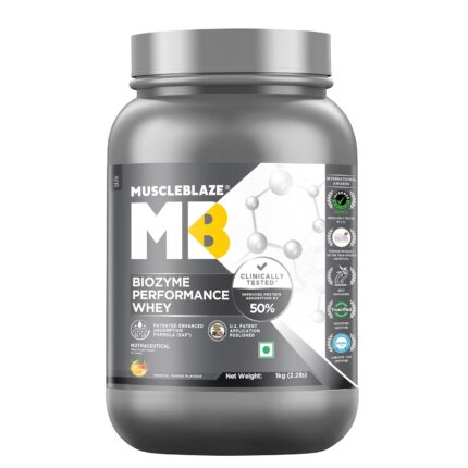MuscleBlaze Biozyme Performance Whey Protein Powder, Magical Mango (1kg / 2.2lbs) | 25g Protein Per Scoop | Clinically Tested 50% Higher Protein Absorption
