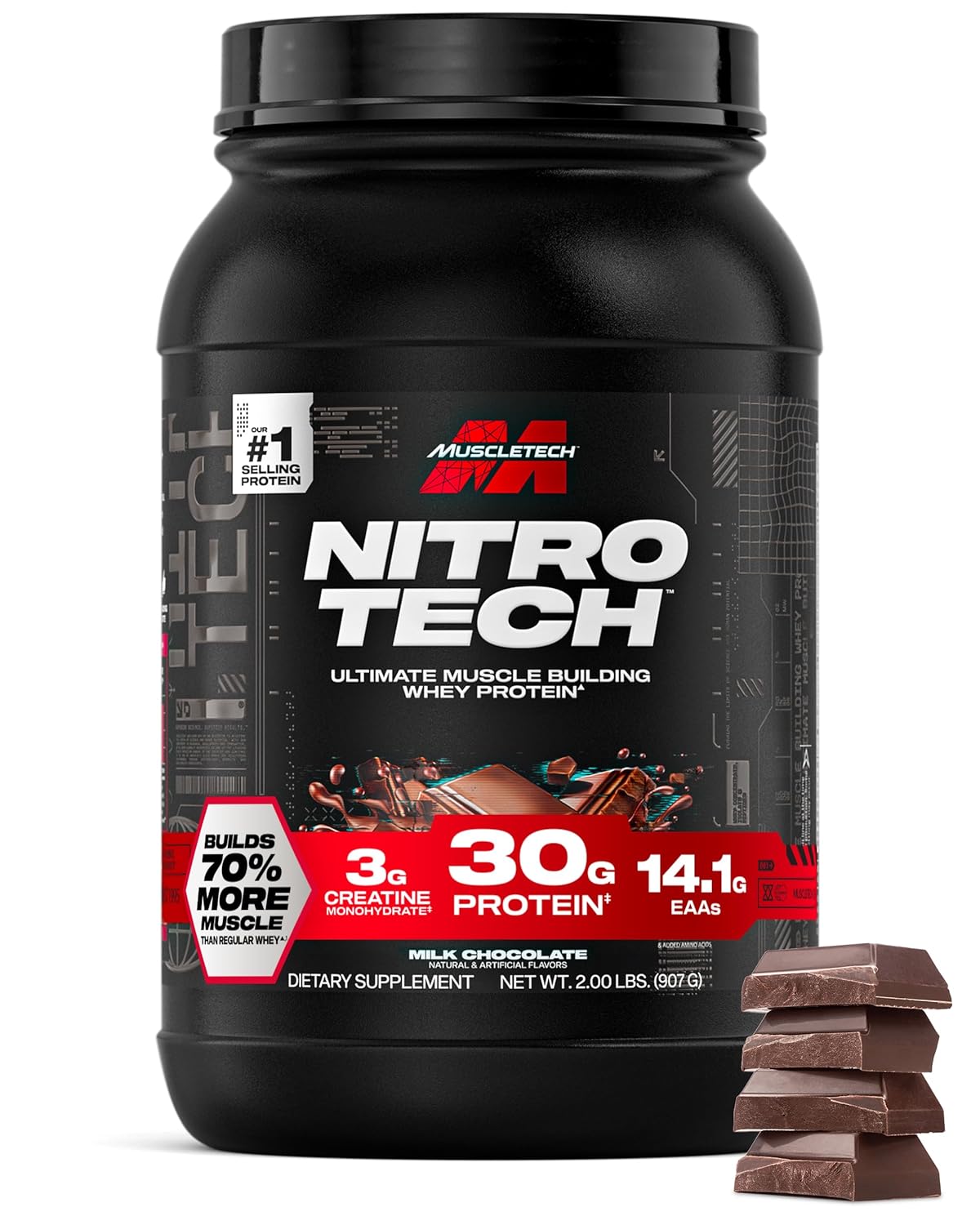 MuscleTech Nitro-Tech Whey Protein, 907g (2lbs), Milk Chocolate, 30g Protein, 3g creatine monohydrate, 6.7g BCAA, ultimate muscle building formula, increase strength & performance