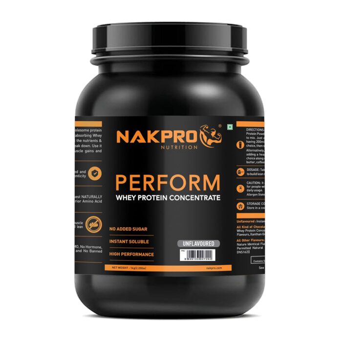 NAKPRO Perform Whey Protein Concentrate 1kg Unflavoured, Jar | 26g Protein, 5.7g BCAA | Trustified Certified 100% Authentic Supplement Powder & No Adulteration | Fast Absorbing Whey Protein Powder