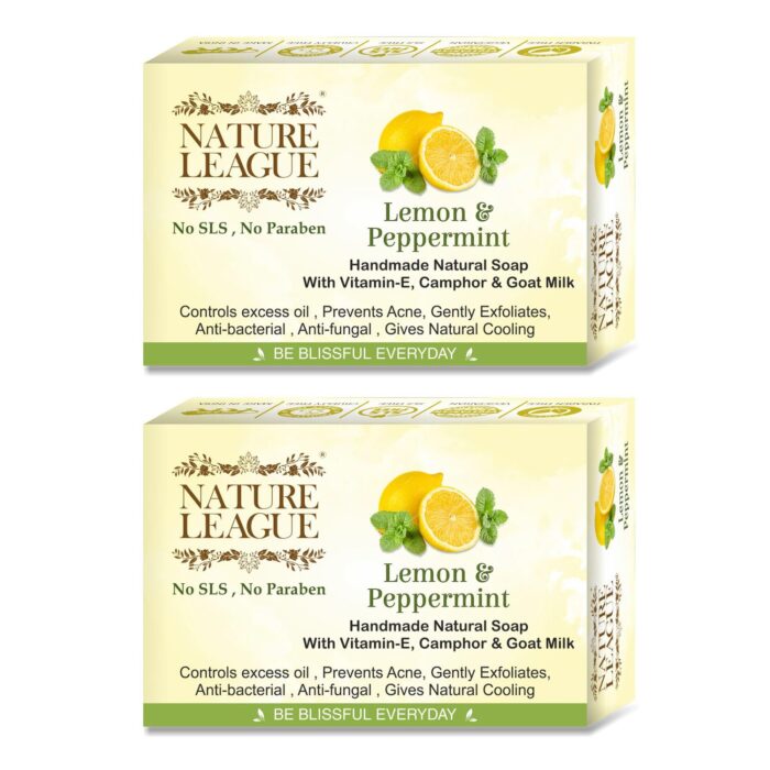NATURE LEAGUE - LEMON & PEPPERMINT, Natural Handmade, Skin Nourishing, Cooling Soap, with Natural Oils, Goat Milk, Vitamin-E, Camphor, SLS & Paraben Free, Pack of 2 (200 gms)