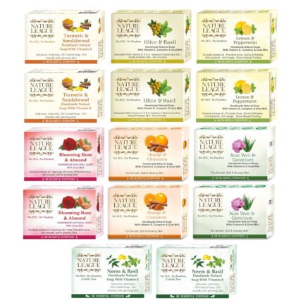 NATURE LEAGUE - Natural Skin Nourishing Bath & Body Combo of Handmade Soaps, Made With Natural Oils, Goat Milk, Camphor, Vitamin-E, With Captivating Fragrance,SLS & Paraben Free, Pack of 14 (1400 gms)
