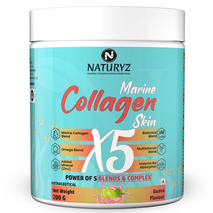 NATURYZ Marine Collagen Skin X5 for Women & Men | Premium Collagen Peptides | Power of 5 Blends | Hyaluronic acid, Biotin & Vitamin E | Supports Skin Radiance, Healthy Hair, Nails, Bone & Joints – 200g(Guava Flavour)
