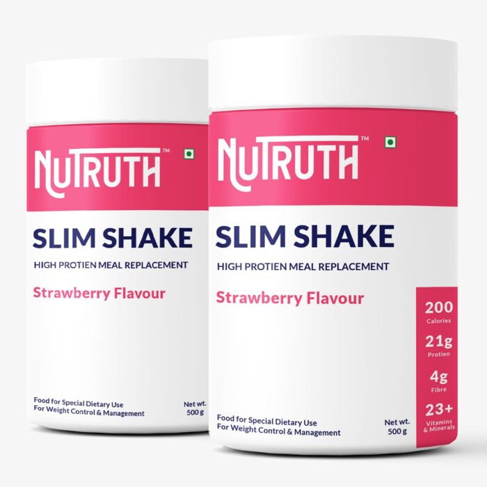NUTRUTH-High Protein Meal Replacement Strawberry Flavoured Slim Shake | 21Gm Protein/Serving | Weight Control & Management Protein Shake (500 Gm) (Pack of 2)