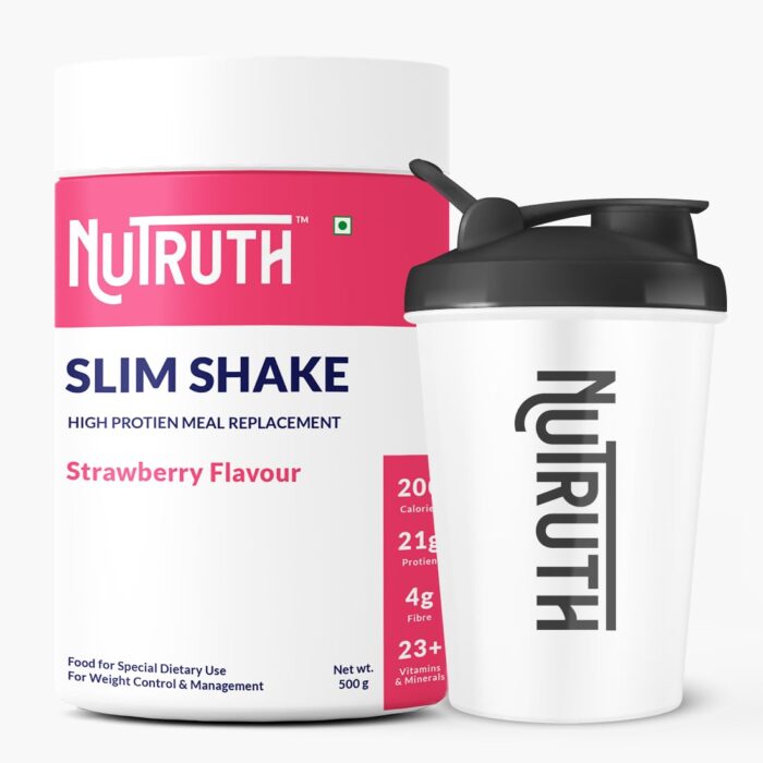 NUTRUTH-High Protein Meal Replacement Strawberry Flavoured Slim Shake + 500 Ml Shaker | 21 Gm Protein/Serving | Weight Control & Management Protein Shake (500 Gm)