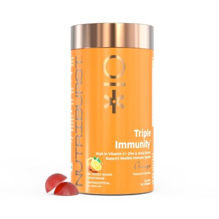Nutriburst Triple Immunity Gummies with Vitamin C, Zinc and Amla extract | No-Added Sugar | Orange Flavor | 100% Vegetarian | 60 Gummy