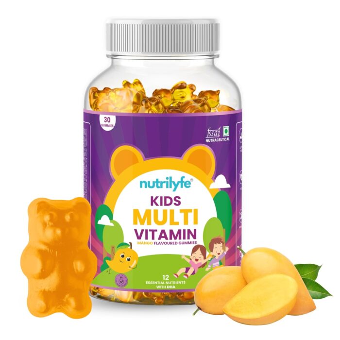 Nutrilyfe | Kids Multivitamin Gummies | Mango Flavoured | 12 Essential Nutrients with DHA | Complete Nutrition & Brain Development | Vitamin-rich Chewable Daily Supplements | 30 Gummies | Monthly Pack