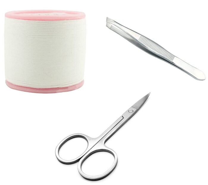Nyamah Sales Cotton Thread Eyebrow Threading with Mini Eyebrow Scissor and Eyebrow Tweezers for Men and Women Beauty Tools Combo Pack 3 PCS