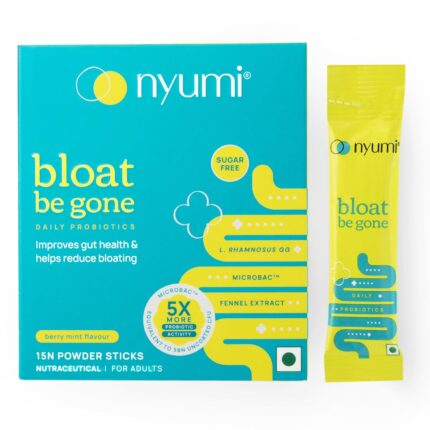 Nyumi Bloat Be Gone Probiotic Stick Powder | Gut Health, Immunity, & Bloating Relief | 5 Billion CFU, 4 Unique Strains | Sugar-Free, Gluten-Free, Vegan | 15-Day Pack