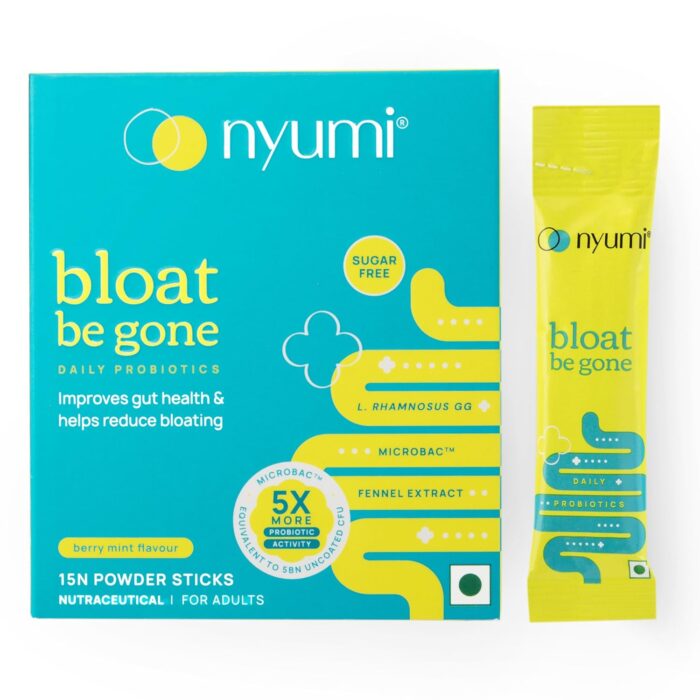 Nyumi Bloat Be Gone Probiotic Stick Powder | Gut Health, Immunity, & Bloating Relief | 5 Billion CFU, 4 Unique Strains | Sugar-Free, Gluten-Free, Vegan | 15-Day Pack