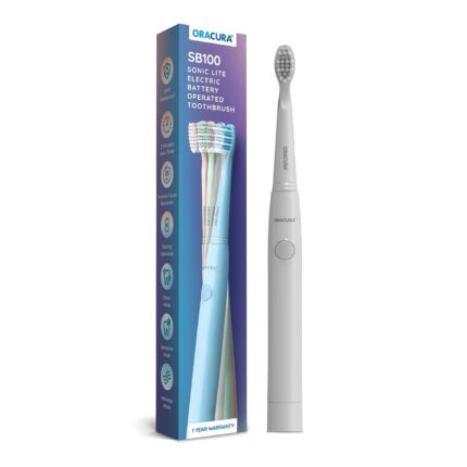 ORACURA® Sonic Lite Electric Battery Operated Toothbrush SB100 | Grey | 4 Vibrant Colours | With 3 Modes | 36,000 Strokes/min | IPX7 Waterproof | 2 Minutes Auto-Timer | Dupont Bristles