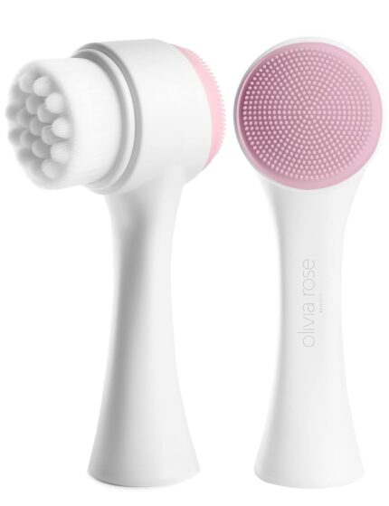 Olivia Rose Facial Cleansing Brush - 2 in 1 Face Wash Brush Manual Dual Face Scrub Brush for Gentle Exfoliating, Deep Pore Cleansing, and Face Massaging Suitable for All Skin Types White/Pink