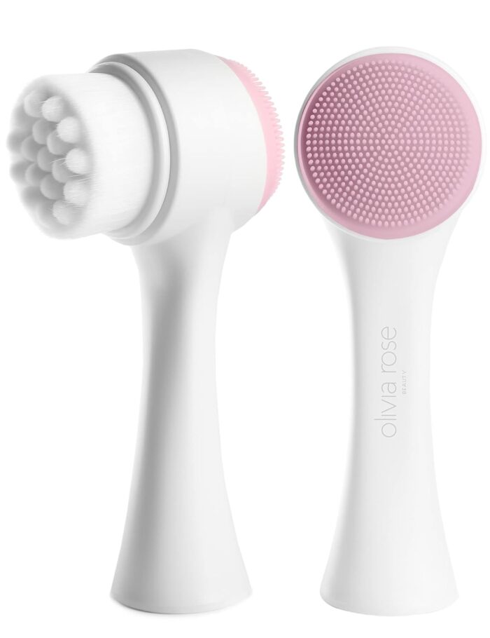 Olivia Rose Facial Cleansing Brush - 2 in 1 Face Wash Brush Manual Dual Face Scrub Brush for Gentle Exfoliating, Deep Pore Cleansing, and Face Massaging Suitable for All Skin Types White/Pink