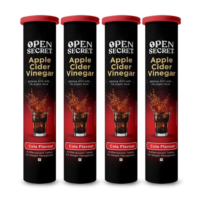 Open Secret Apple Cider Vinegar Tablet | 60 Effervescents | ACV Tablets for Weight Loss, Apple Cider Vinegar With the Mother, 100% Vegan ACV (Cola Flavour - Pack of 4)