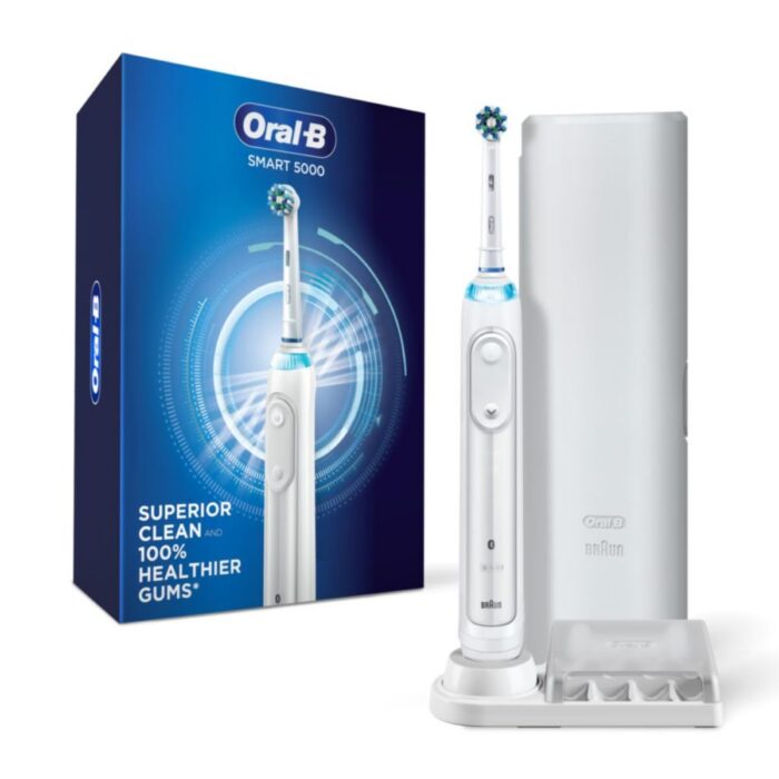 Oral-B Adult Pro 5000 Smartseries Power Rechargeable Electric Toothbrush With Bluetooth Connectivity And Travel Case, White, Powered By Braun, 1 count