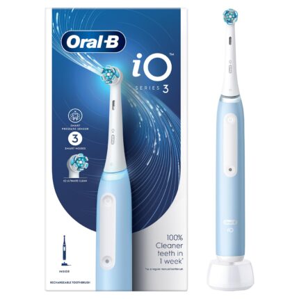 Oral-B iO3 Ultimate Electric Toothbrush, 3 Smart Modes, Pressure Sensor,2 Year Warranty by Oral B, IPX7 Waterproof, Round Brush Head (Ice Blue)