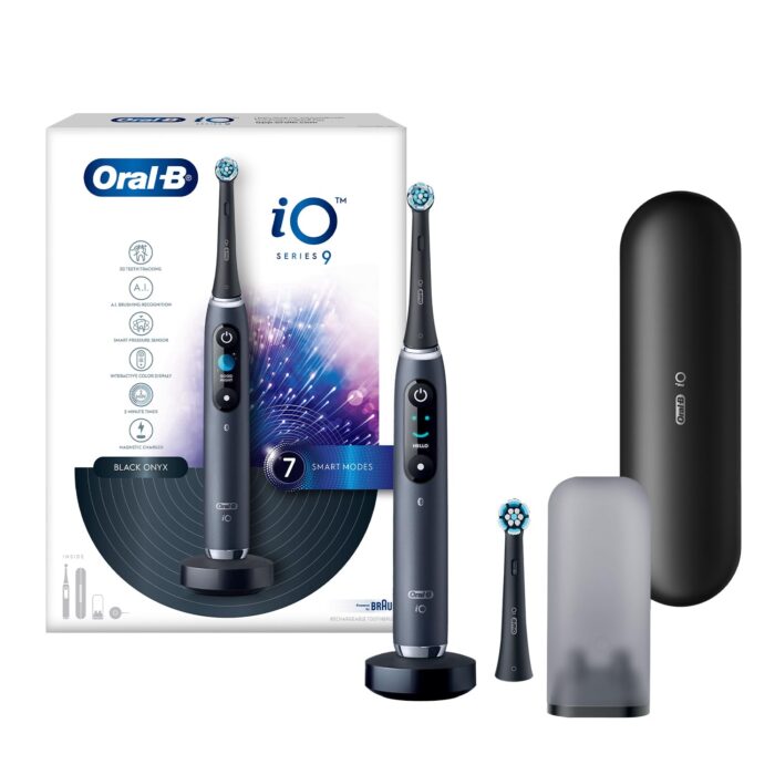 Oral-B iO9 Ultimate Electric Toothbrush, 7 Smart Modes, Pressure Sensor, Interactive Display & AI Personalization, 3hr Quick Charge, 2 Year Warranty by Oral B, IPX7, Travel case & refill holder