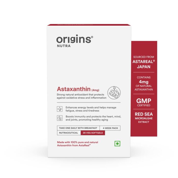 Origins Nutra Astaxanthin | Super Antioxidant, UV Protection, Heart, Skin & Eye Health, Joint Support | AstaReal® | GMP Certified| Non-GMO | For Men & Women| 28 Veg Softgel | 4 Weeks Pack