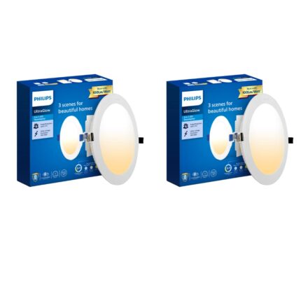 PHILIPS Polycarbonate Ultra Glow 10-watt Round LED Downlighter|3 Colors in 1 Recessed LED Downlight|LED Ceiling Light for Home and Hall|Cut Out: 4 inch, Color: Tunable White, Pack of 2