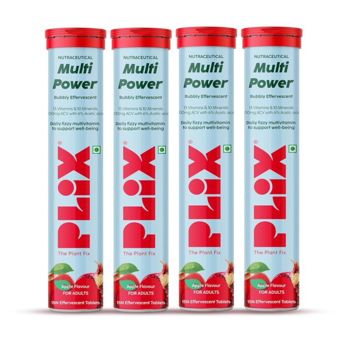 PLIX - THE PLANT FIX Multi Power Multivitamin + Apple Cider Vinegar 15 Fizzy Effervescent Tablets, Pack Of 4 (Apple Burst) With 13 Vitamins And 10 Minerals|No Added Sugar|Travel Friendly