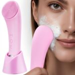 PRITECH Silicone Face Scrubber, Rechargeable Facial Cleansing Brush with Heat Massage End, Vibrating Exfoliating Face Scrubber for Women and Men, Waterproof Facial Scrubber for Deep Cleansing (Pink)