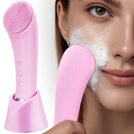 PRITECH Silicone Face Scrubber, Rechargeable Facial Cleansing Brush with Heat Massage End, Vibrating Exfoliating Face Scrubber for Women and Men, Waterproof Facial Scrubber for Deep Cleansing (Pink)