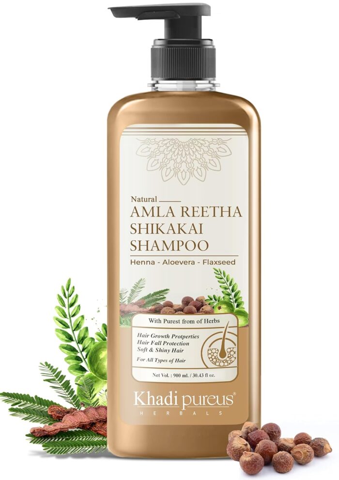 PUREUS Khadi Herbals Shreekesha Amla Reetha Shikakai Shampoo For Thick & Strong Hair, Damage Control, Hair Growth & Hair Fall | For Women & Men (900 Ml)