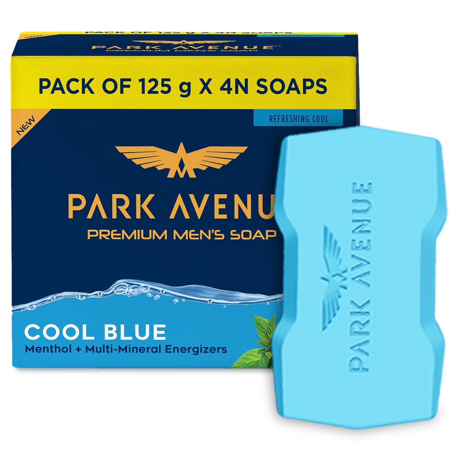 Park Avenue Premium Men’s Soaps for Bath – Cool Blue | 125g (Pack of 4) | Menthol & Mineral Energizer | Grade 1 Soap | For All Skin Types