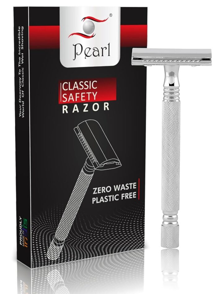 Pearl Shaving Double Edge Safety Razor (SS-01 CC-CHROME) made with Brass Metal- Classic & Traditional | Complimentary Blade Refills | Shaving Kit | Rakshabandhan Gift Options