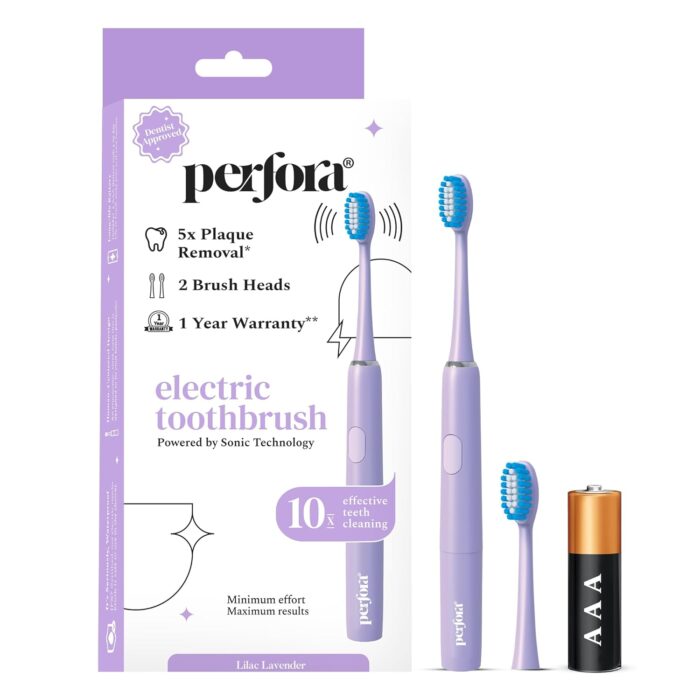 Perfora Electric Toothbrush, 2 Modes, AAA Powered, 2 Brush Heads, 90 Days Battery Life | 1 Year Warranty | Electric Brush, Electric Toothbrush For Men, Women & Kids, 002 - Lilac Lavender (Pack of 1)