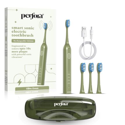 Perfora Rechargeable Smart Sonic Electric Toothbrush For Adults|With 4 Modes & 60 Day Battery Life|Ipx7 Waterproof Sonic Tooth Brush With 4 Brush Heads & Travel Case|2 Year Warranty,Olive Green