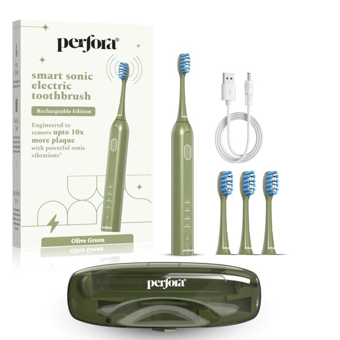 Perfora Rechargeable Smart Sonic Electric Toothbrush For Adults|With 4 Modes & 60 Day Battery Life|Ipx7 Waterproof Sonic Tooth Brush With 4 Brush Heads & Travel Case|2 Year Warranty,Olive Green