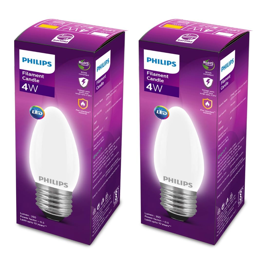 Philips E27 Candle Frosted 400-Lumen Decorative Wall Lights (4W, Pack of 2, Warm White)