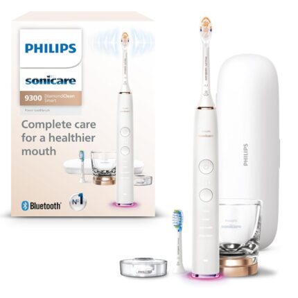 Philips Sonicare DiamondClean Smart 9300 Electric Toothbrush, Sonic Toothbrush with App, Pressure Sensor, Brush Head Detection, 4 Brushing Modes and 3 Intensity Levels, Rosegold, Model HX9903/65