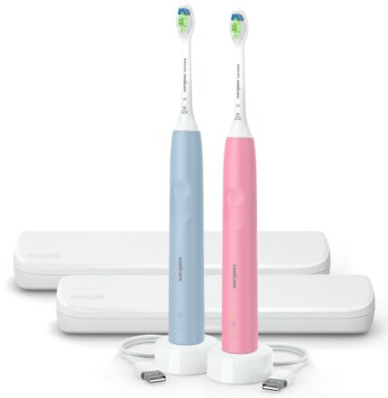 Philips Sonicare Electric Toothbrush with DiamondClean Brush Head 2-Pack Bundle, Rechargeable Electric Tooth Brush with Pressure Sensor, Sonic Electronic Toothbrush, Travel Case, Pink & Blue