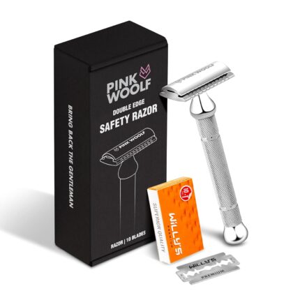Pink Woolf Double Edge Safety Razor for Men CC87 (Close Comb), Shaving Razor Men Eliminates Nicks & Cuts, Anti Slip Grip for Wet Shaving, Contains 10 Shaving Single Blades, Pack Of 1 (CHROME)