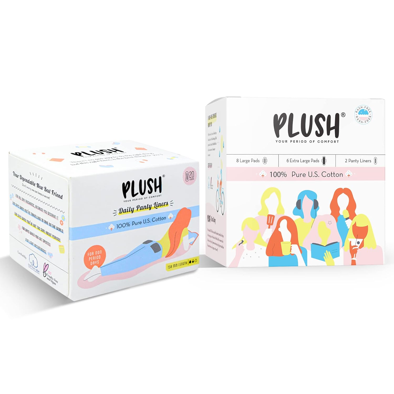 Plush 100% Pure U.S. Cotton 14 Sanitary Pads + 20 Panty Liners for Women | 8 Light Flow Pads (L) 6 Heavy Flow (XL) | Ultra-Thin, Rash Free | Pure Cotton Top Sheet