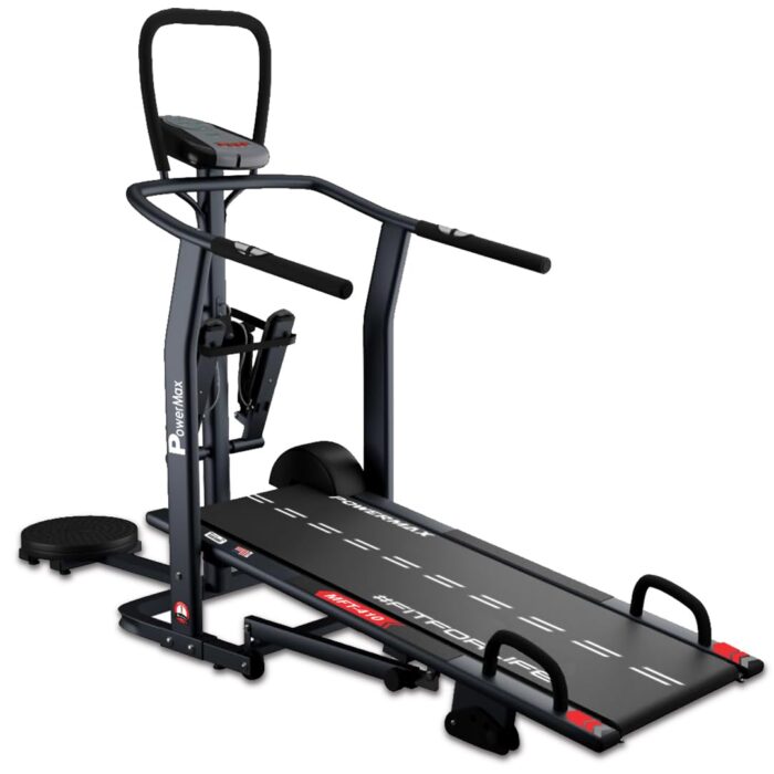 PowerMax Fitness MFT-410 Non-electric Manual Treadmill Foldable, Multifunction (Jogger, Stepper, Twister, Push up Bar), 3-Level Incline, 120-kg Max User Weight - Ideal for Home Use