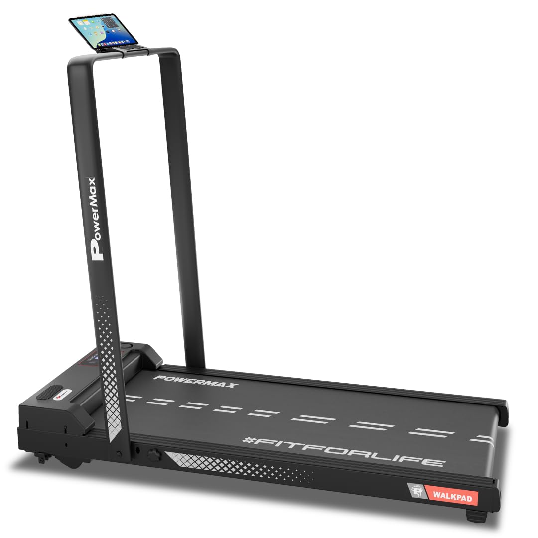 PowerMax Fitness WALKPAD (3HP Peak) Compact Motorized Treadmill for Home-Office use with Remote Control, Max User 110kg, Top Speed 10km/h, 1000x400mm Running Deck, LED Display, iPad & Mobile Holder