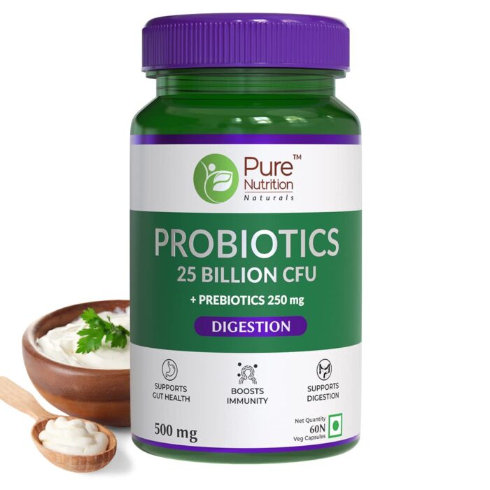 Pure Nutrition Probiotic + Prebiotic, 60 Veg Capsules | 25 Billion CFU & 250mg Prebiotics for Men & Women | Improves Gut Health, Aids Digestion, Boosts Immunity & Eases Bloating, 74 grams