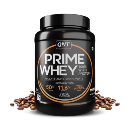 QNT Prime Whey Protein Powder | Coffee, 1 Kg | Triple Blend of Whey Isolate, Concentrate & Hydrolysate | 25g Protein, 5.9g BCAA per Scoop | Best Whey Protein Powder for Men & Women