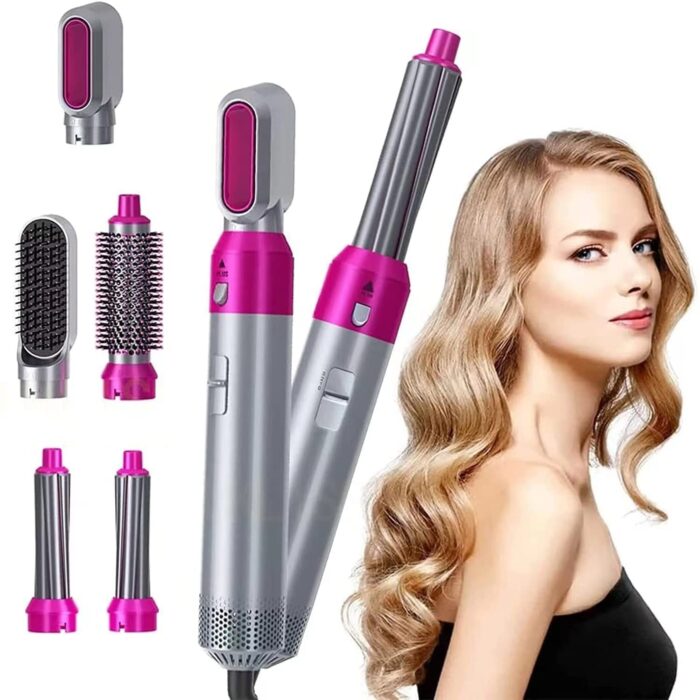 REDUCK™ Hot Air Brush for 5 in 1 Hot Air Styler Hair Dryer Comb Multifunctional Styling Tool Fast Heating Crimper Wand Curler in All Hair Type,Negative Ion Comb for Straightening (Pink)