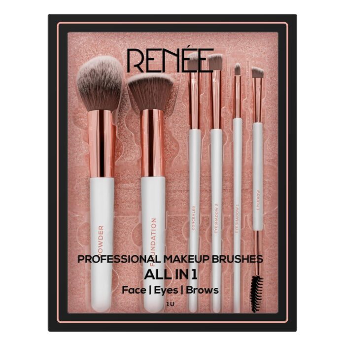 RENEE All In 1 Professional Makeup Brush Set of 6, Premium Easy To Hold & Precise Application For Face, Eyes & Brows | Cruelty Free & Uniquely Designed Super Soft Bristles For Unparalleled Precision