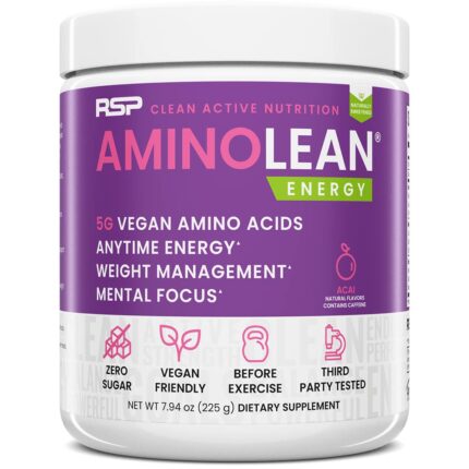 RSP Nutrition Vegan AminoLean - All Natural Pre-workout with Vegan BCAAs, All-in-One Amino Energy, Weight Management, Recovery, and Focus, 25 Serv, Acai
