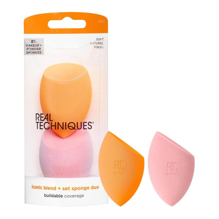 Real Techniques Beauty Makeup Blender Miracle Complexion and Makeup Power Sponge Set, For CC Cream Foundation, Orange & Pink, For Makeup Blending & Application