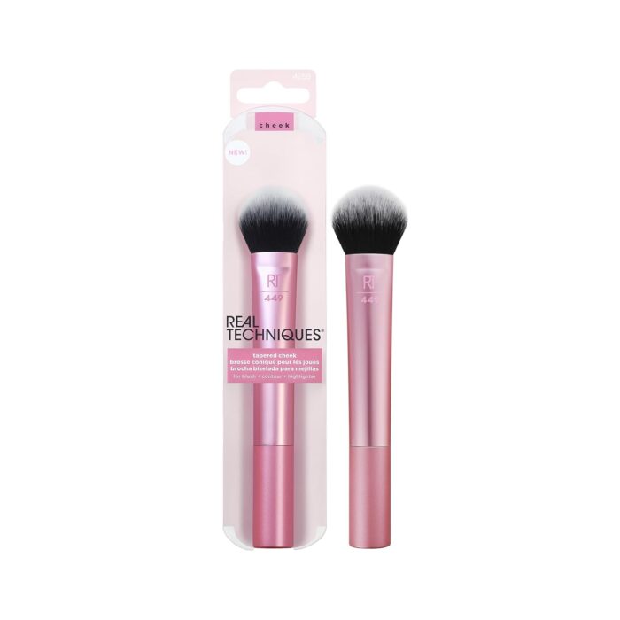 Real Techniques Tapered Cheek Makeup Brush, For Blush, Highlighter, or Loose Powder, Soft Bristles, Precise Makeup Application, Pink, Aluminum Handle, 1 Count