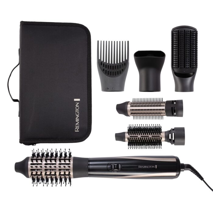 Remington Blow & Dry Caring Air Styler Hot Brush | All hair lengths, with 6 styling attachments - 25mm, 38mm & 50mm Round Brush, Concentrator, Paddle Brush & Root Boost | Storage pouch, 1200W, AS7700