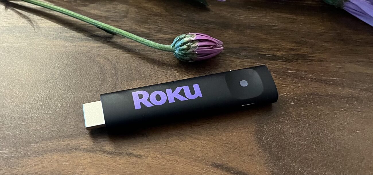 Roku Streaming Stick on table with flower