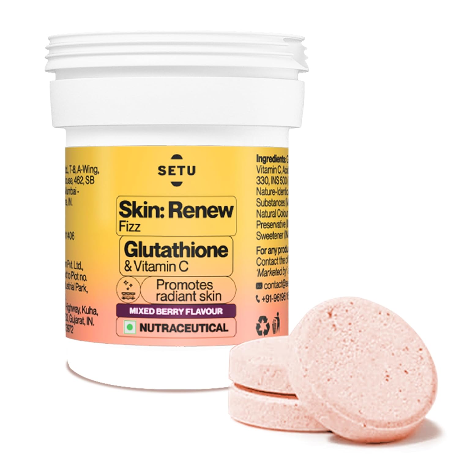 SETU Skin Renew Glutathione Tablets For Glowing Skin|3 Effervescent Tablets With 500 Mg L-Glutathione & Vitamin C|Sugar-Free Antioxidant & Skin Glow Supplement For Clear Skin|Berry,1 Count,3 Capsules